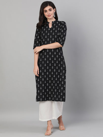 Women Black Calf Length Three-Quarter Sleeves Straight Geometric Printed Cotton Kurta With Pockets And Face Mask | LASVINI - Redefining Indian Fashion with Elegance