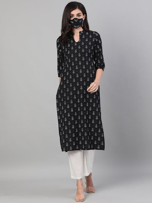 Women Black Three-Quarter Sleeves Straight Kurta With Palazzo And Pockets With Face Mask | LASVINI - Redefining Indian Fashion with Elegance