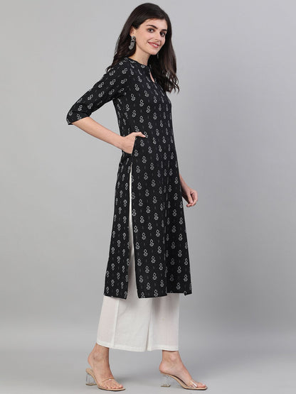 Women Black Three-Quarter Sleeves Straight Kurta With Palazzo And Pockets With Face Mask | LASVINI - Redefining Indian Fashion with Elegance