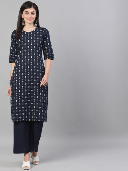 Women Navy Blue Three-Quarter Sleeves Straight Kurta With Palazzo And Pockets | LASVINI - Redefining Indian Fashion with Elegance