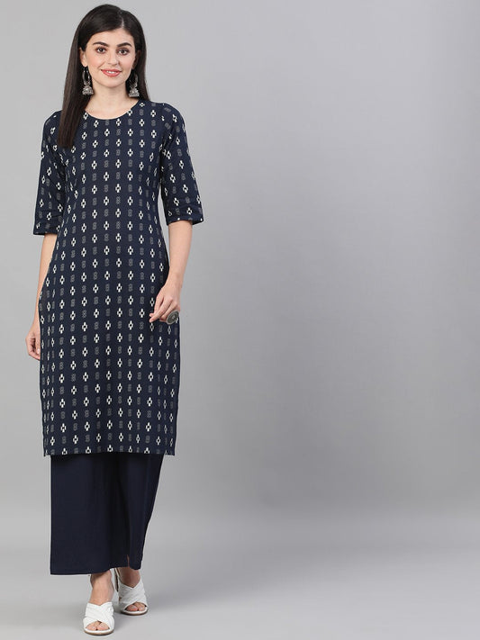 Women Navy Blue Three-Quarter Sleeves Straight Kurta With Palazzo And Pockets | LASVINI - Redefining Indian Fashion with Elegance