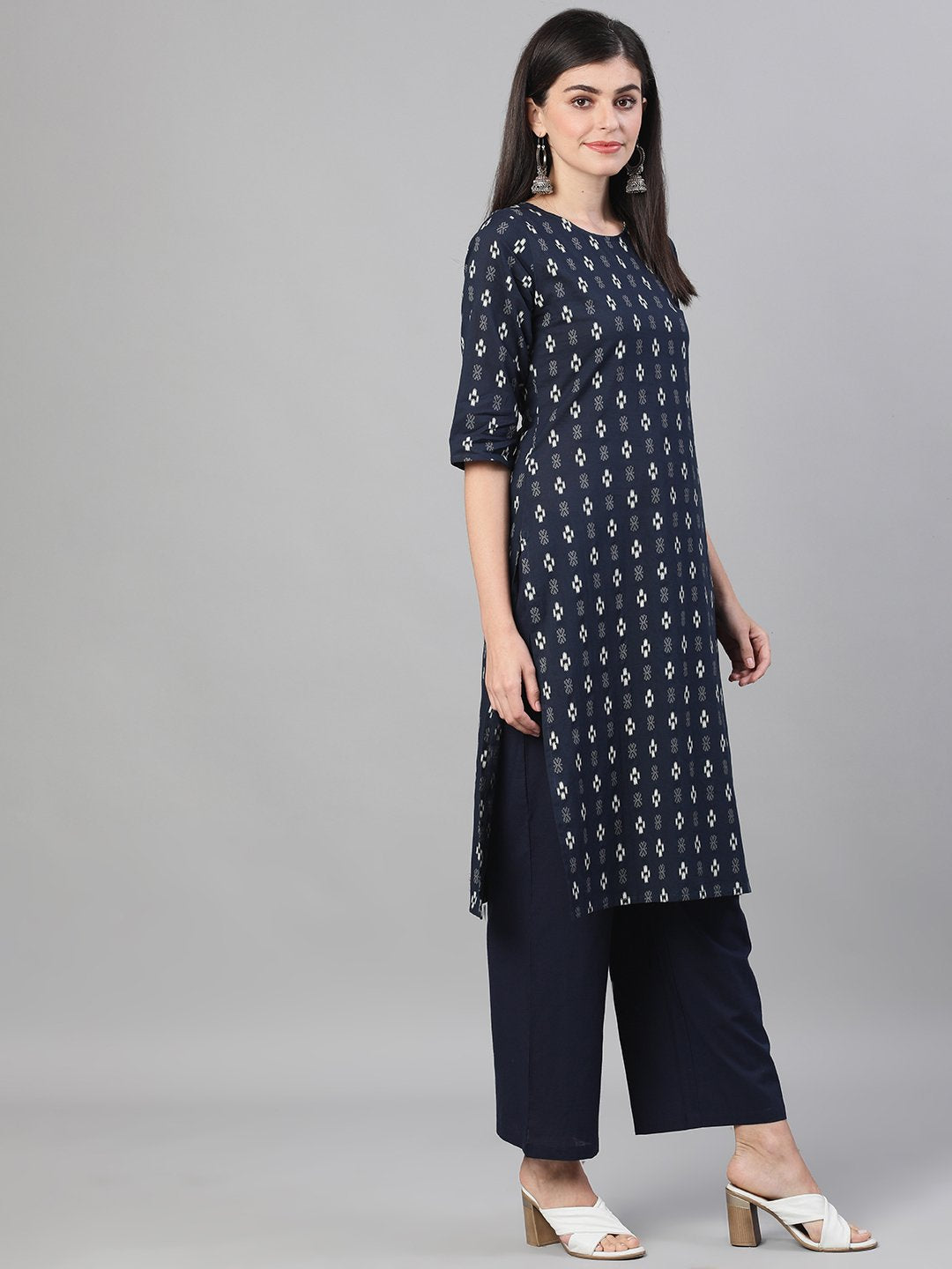 Women Navy Blue Three-Quarter Sleeves Straight Kurta With Palazzo And Pockets | LASVINI - Redefining Indian Fashion with Elegance