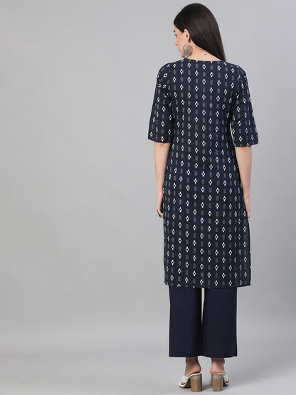 Women Navy Blue Three-Quarter Sleeves Straight Kurta With Palazzo And Pockets | LASVINI - Redefining Indian Fashion with Elegance