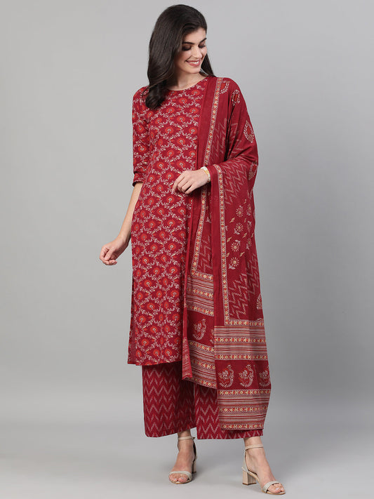 Women Burgundy Gold Printed Three-Quarter Sleeves Straight Kurta With Palazzo And Dupatta With Pockets And Face Mask | LASVINI - Redefining Indian Fashion with Elegance