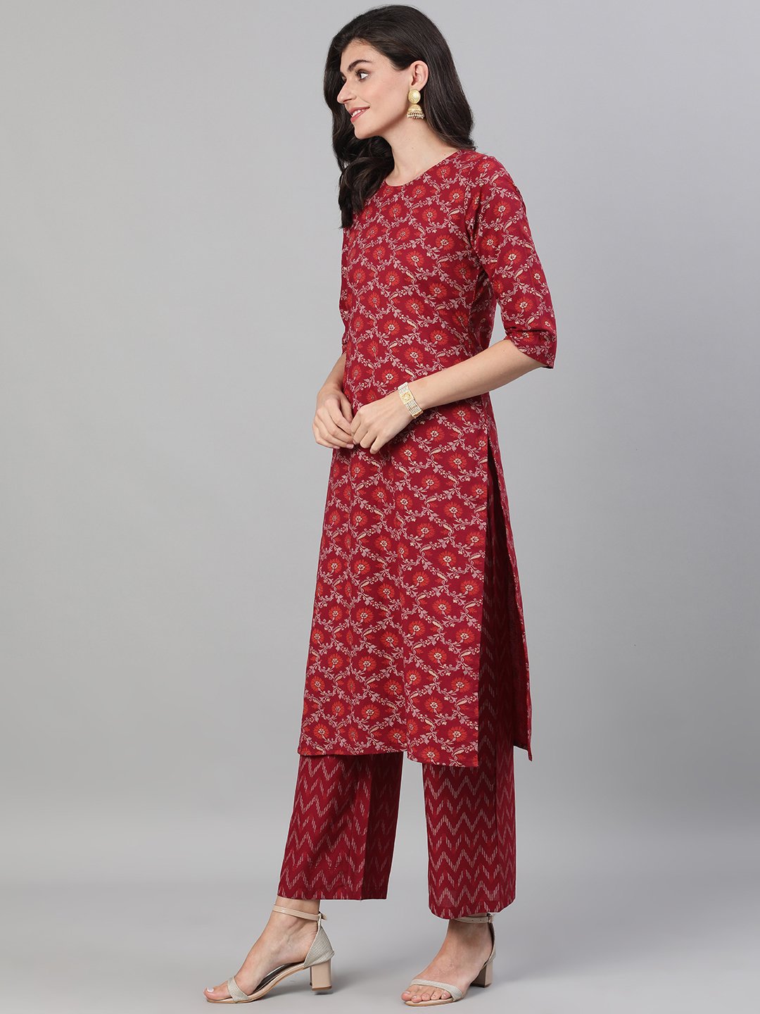 Women Burgundy Gold Printed Three-Quarter Sleeves Straight Kurta With Palazzo And Dupatta With Pockets And Face Mask | LASVINI - Redefining Indian Fashion with Elegance