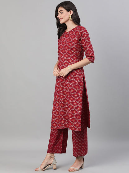 Women Burgundy Gold Printed Three-Quarter Sleeves Straight Kurta With Palazzo And Dupatta With Pockets And Face Mask | LASVINI - Redefining Indian Fashion with Elegance