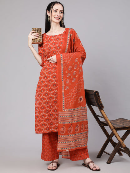 Women Rust Printed Straight Kurta With Plazo & Dupatta | LASVINI - Redefining Indian Fashion with Elegance