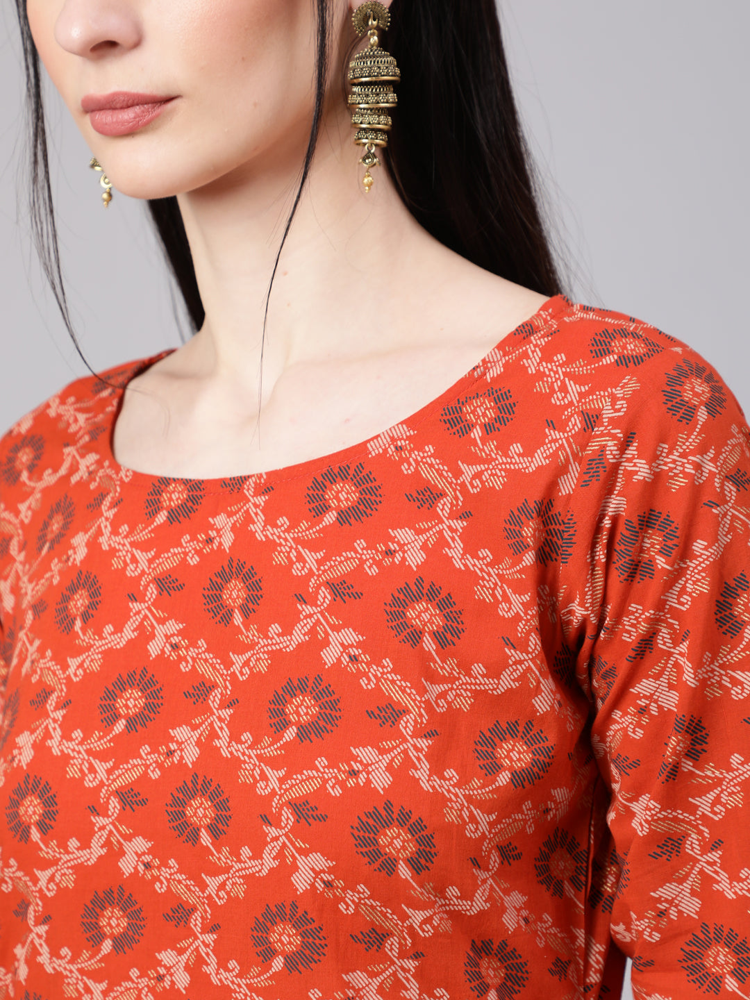 Women Rust Printed Straight Kurta With Plazo & Dupatta | LASVINI - Redefining Indian Fashion with Elegance