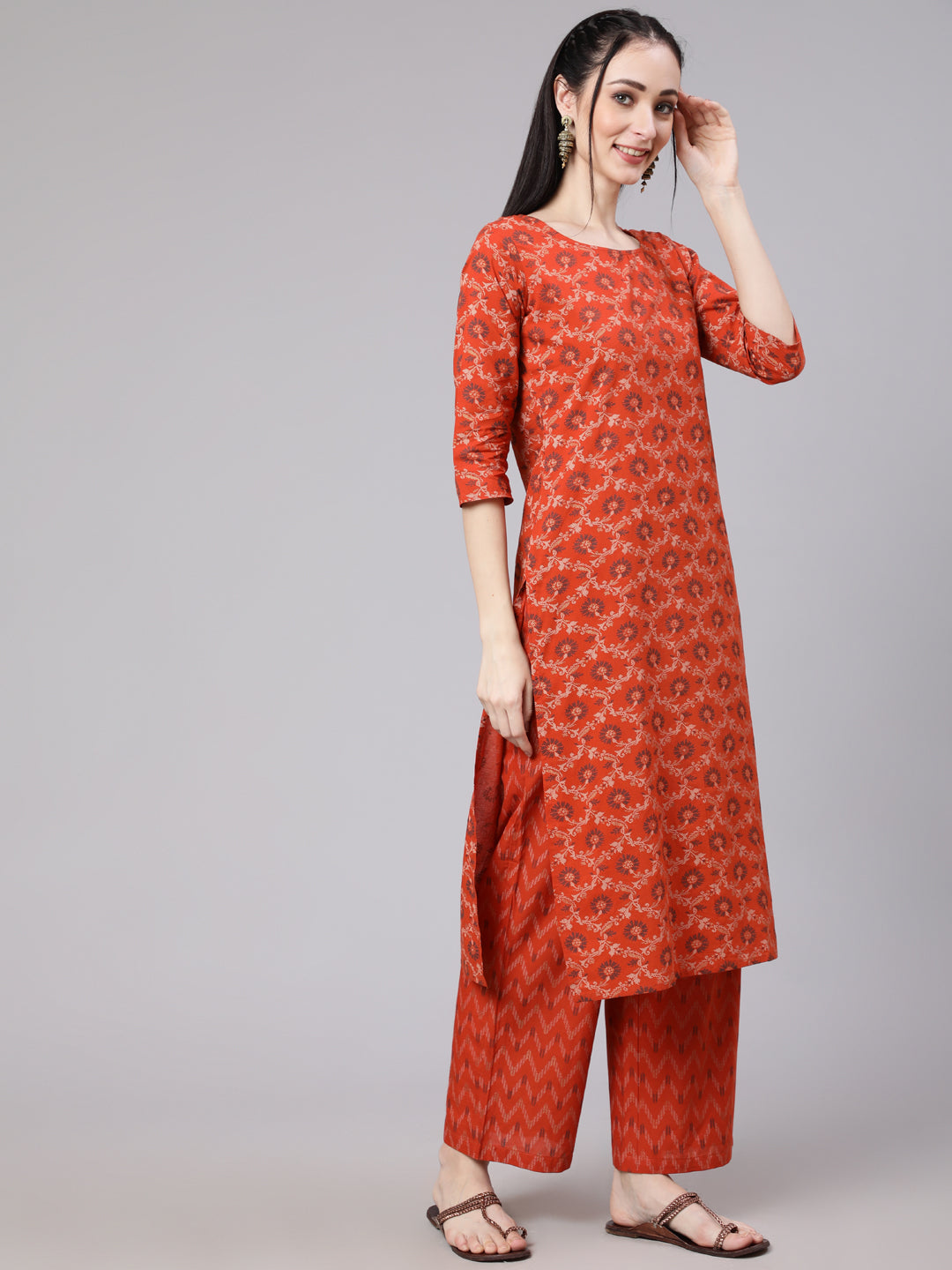 Women Rust Printed Straight Kurta With Plazo & Dupatta | LASVINI - Redefining Indian Fashion with Elegance
