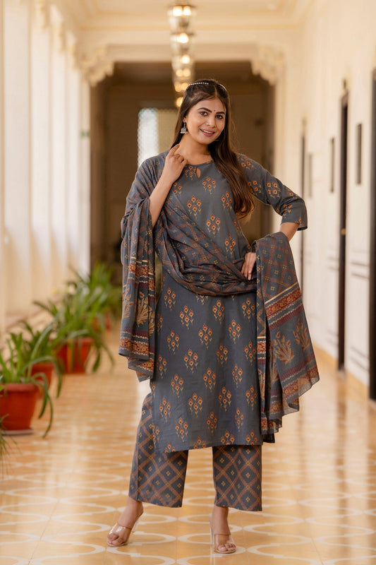 Women Grey & Gold Ethnic Motifs Print Cotton Straight Kurta Palazzos Dupatta | LASVINI - Redefining Indian Fashion with Elegance