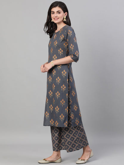 Women Steel Grey  Gold Printed Three-Quarter Sleeves Straight Kurta With Palazzo And Dupatta With Pockets And Face Mask | LASVINI - Redefining Indian Fashion with Elegance