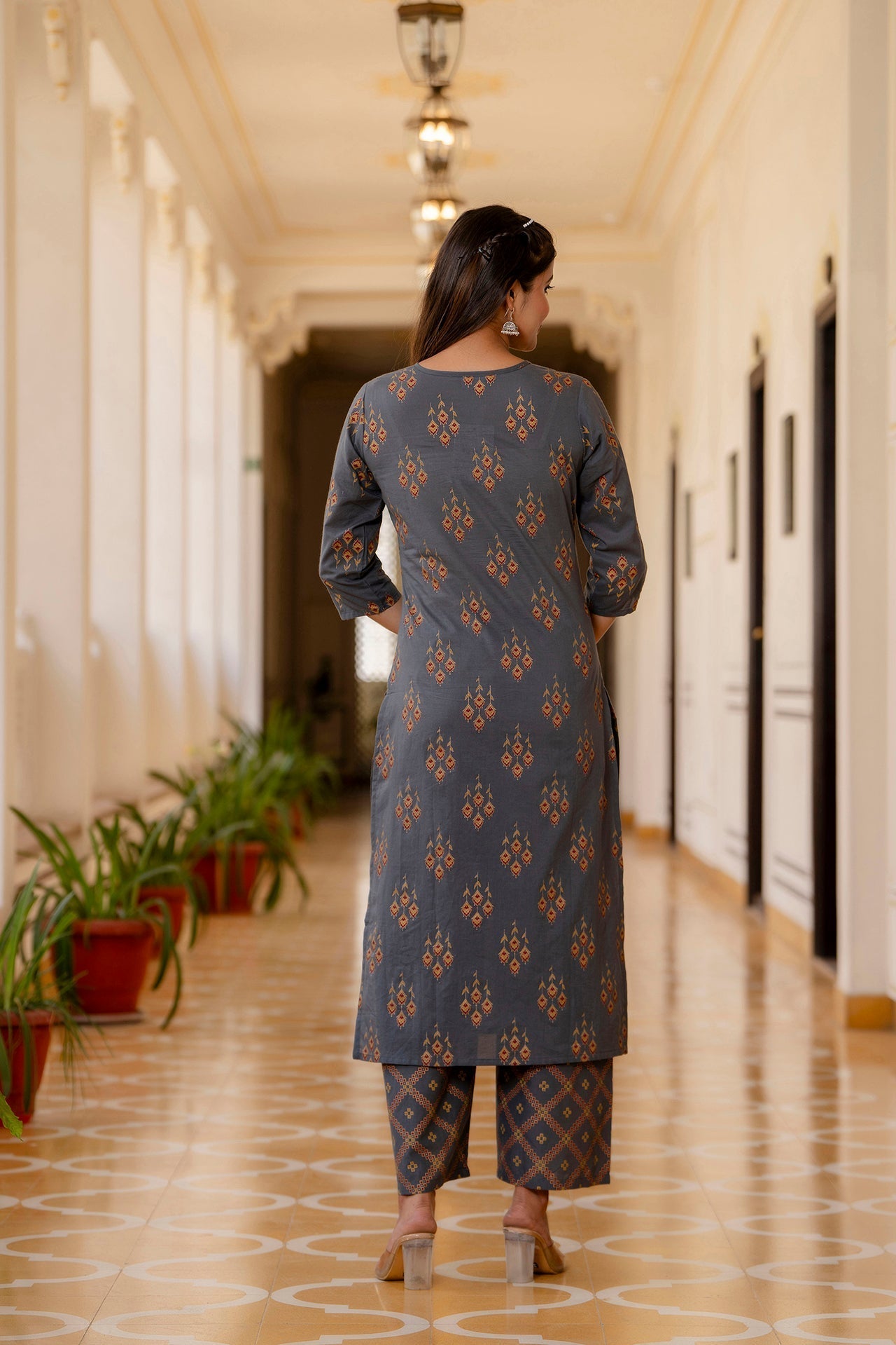 Women Grey & Gold Ethnic Motifs Print Cotton Straight Kurta Palazzos Dupatta | LASVINI - Redefining Indian Fashion with Elegance