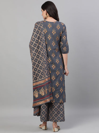 Women Steel Grey  Gold Printed Three-Quarter Sleeves Straight Kurta With Palazzo And Dupatta With Pockets And Face Mask | LASVINI - Redefining Indian Fashion with Elegance