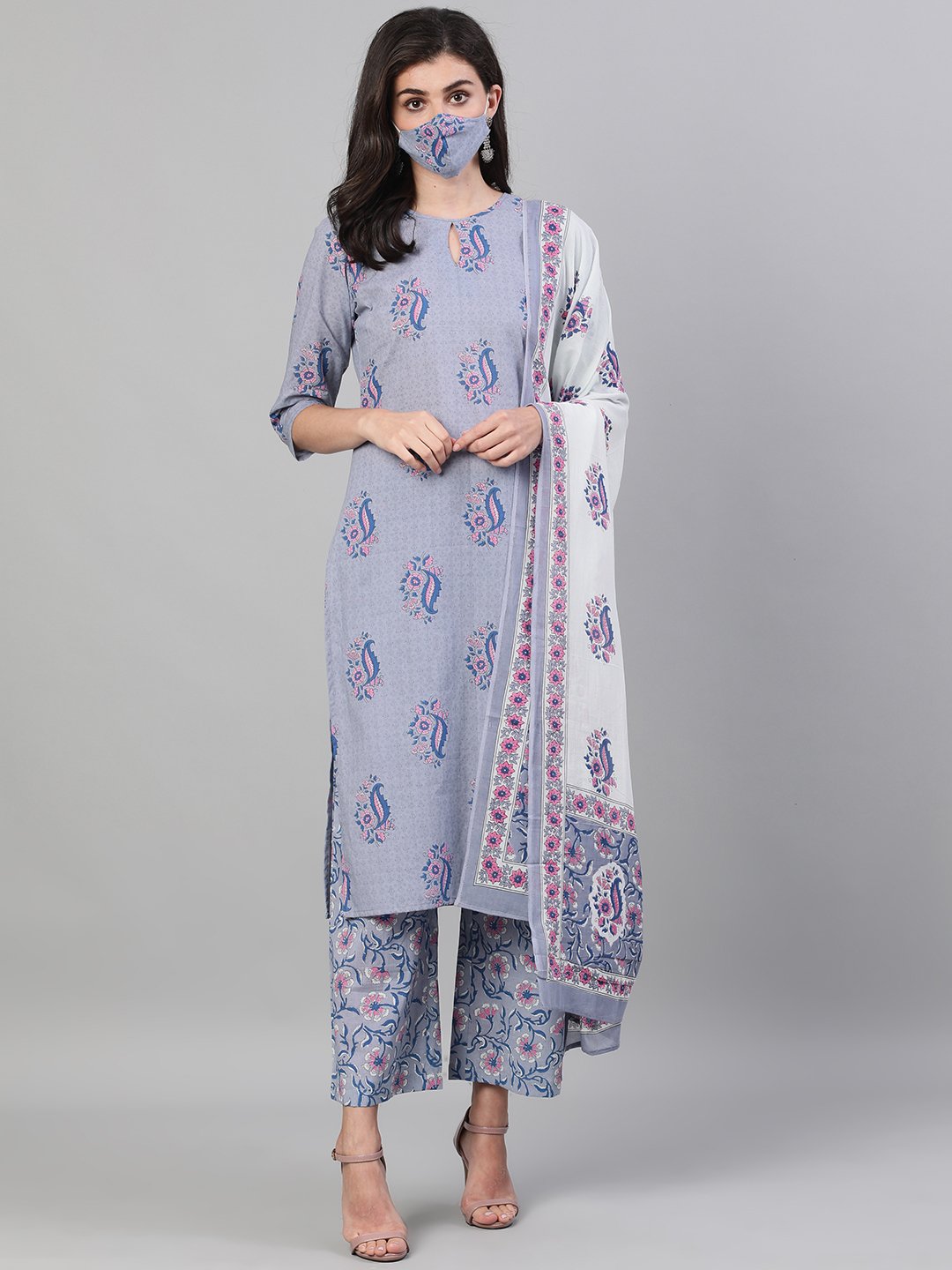 Women Grey Three-Quarter Sleeves Straight Kurta With Palazzo And Dupatta With Pockets And Face Mask | LASVINI - Redefining Indian Fashion with Elegance
