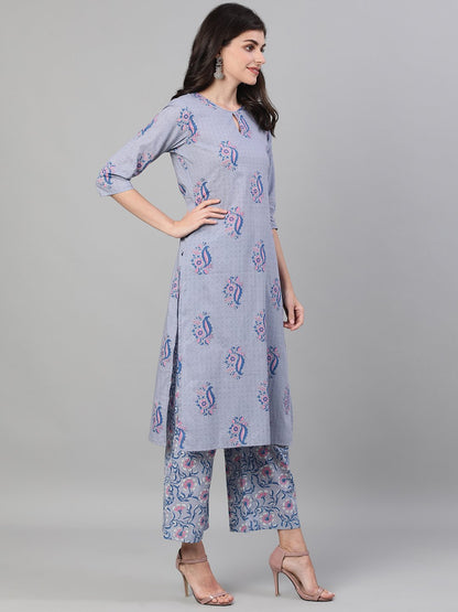 Women Grey Three-Quarter Sleeves Straight Kurta With Palazzo And Dupatta With Pockets And Face Mask | LASVINI - Redefining Indian Fashion with Elegance