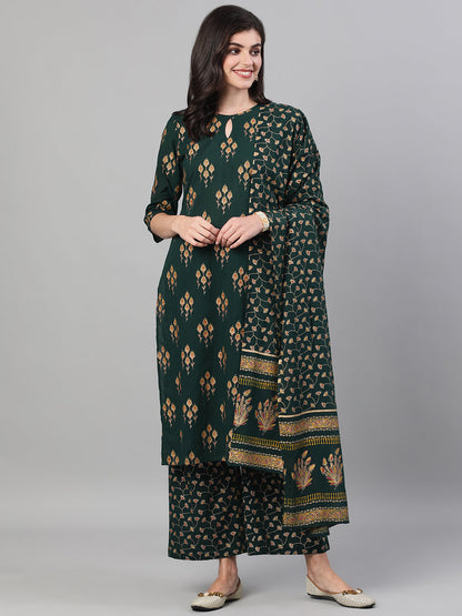 Women Green Gold Printed Three-Quarter Sleeves Straight Kurta With Palazzo And Dupatta With Pockets And Face Mask | LASVINI - Redefining Indian Fashion with Elegance