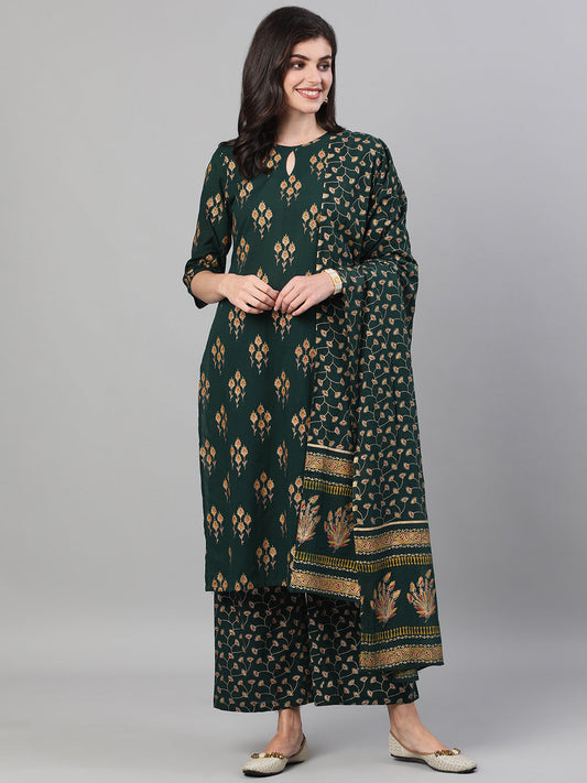 Women Green Gold Printed Three-Quarter Sleeves Straight Kurta With Palazzo And Dupatta With Pockets And Face Mask | LASVINI - Redefining Indian Fashion with Elegance