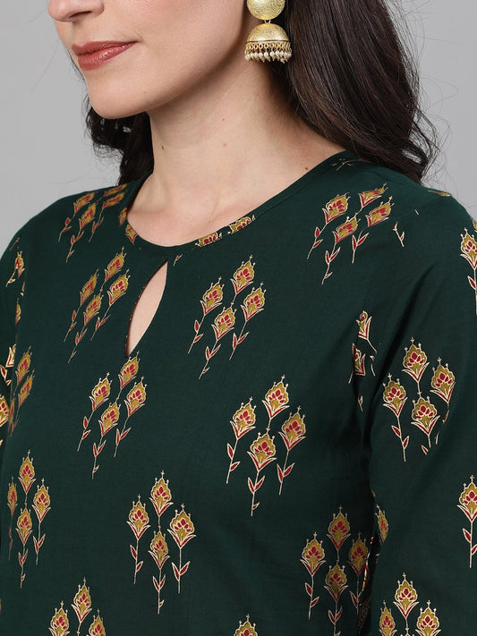 Women Green Gold Printed Three-Quarter Sleeves Straight Kurta With Palazzo And Dupatta With Pockets And Face Mask | LASVINI - Redefining Indian Fashion with Elegance