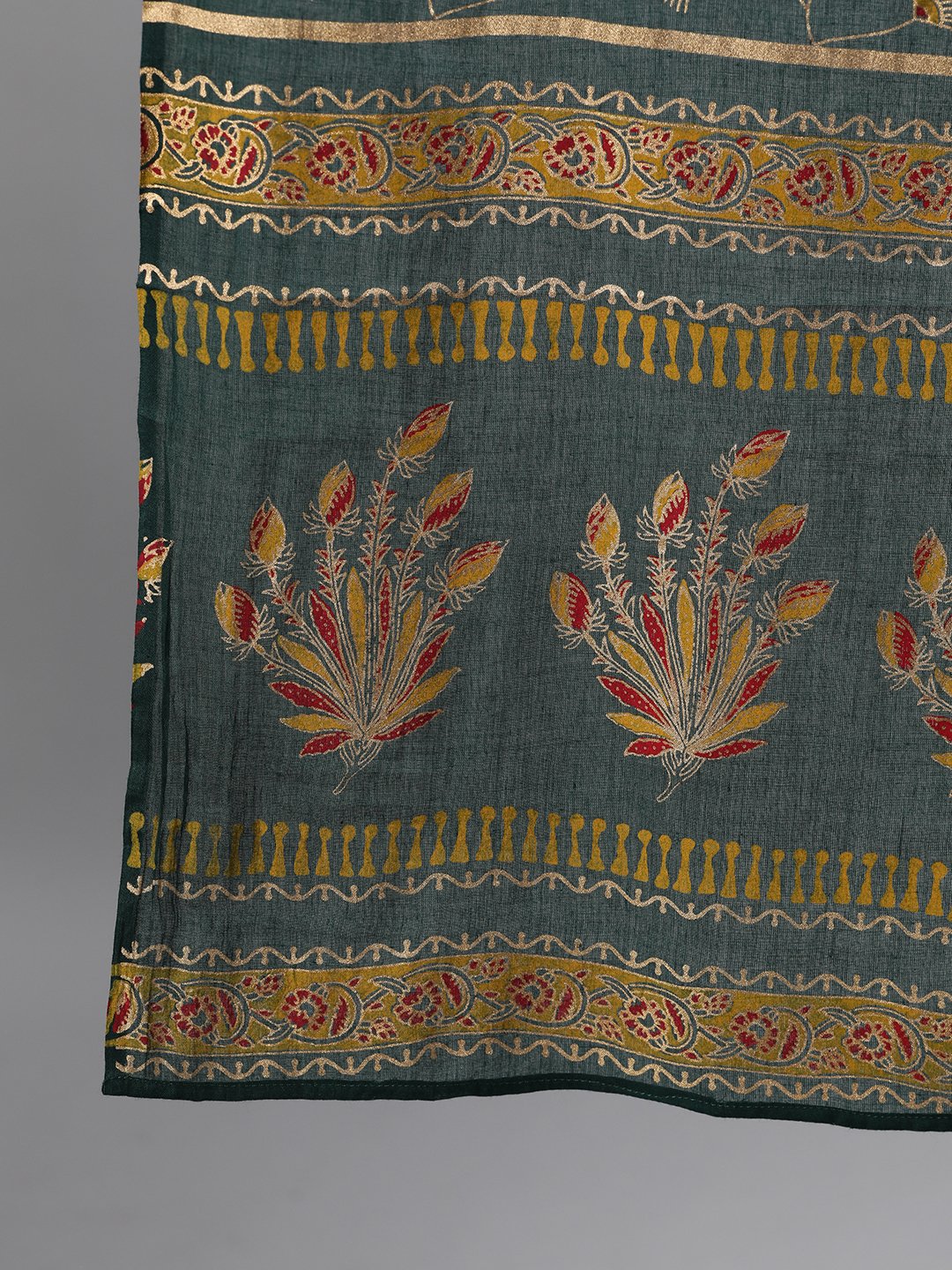 Women Green Gold Printed Three-Quarter Sleeves Straight Kurta With Palazzo And Dupatta With Pockets And Face Mask | LASVINI - Redefining Indian Fashion with Elegance