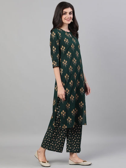 Women Green Gold Printed Three-Quarter Sleeves Straight Kurta With Palazzo And Dupatta With Pockets And Face Mask | LASVINI - Redefining Indian Fashion with Elegance
