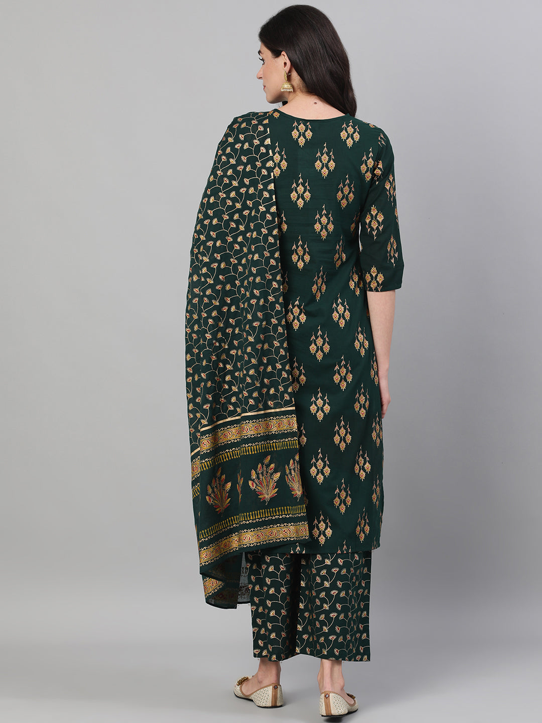 Women Green Gold Printed Three-Quarter Sleeves Straight Kurta With Palazzo And Dupatta With Pockets And Face Mask | LASVINI - Redefining Indian Fashion with Elegance