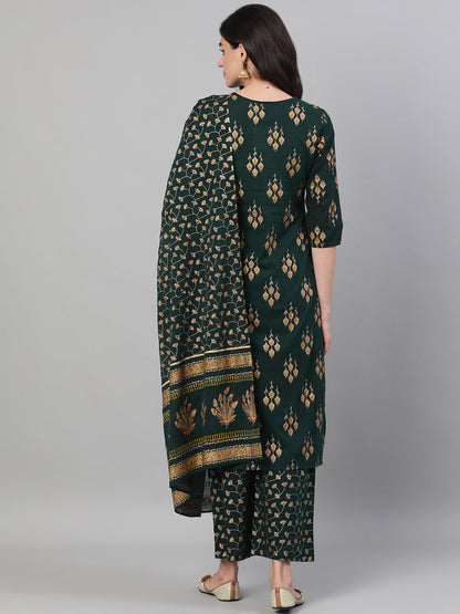 Women Green Gold Printed Three-Quarter Sleeves Straight Kurta With Palazzo And Dupatta With Pockets And Face Mask | LASVINI - Redefining Indian Fashion with Elegance