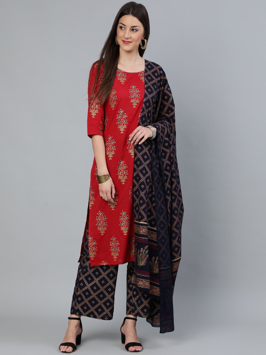 Women Red And Navy Blue Gold Printed Straight Kurta With Palazzo & Dupatta | LASVINI - Redefining Indian Fashion with Elegance