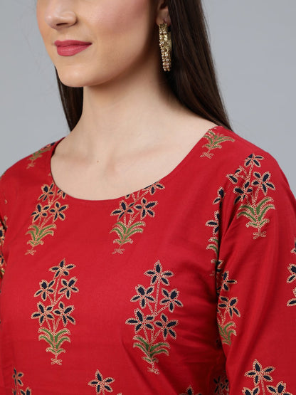 Women Red And Navy Blue Gold Printed Straight Kurta With Palazzo & Dupatta | LASVINI - Redefining Indian Fashion with Elegance
