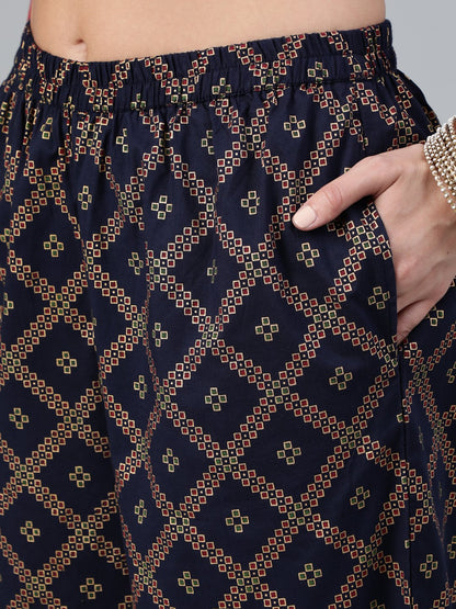 Women Red And Navy Blue Gold Printed Straight Kurta With Palazzo & Dupatta | LASVINI - Redefining Indian Fashion with Elegance