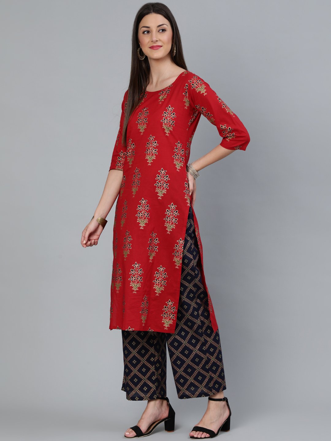 Women Red And Navy Blue Gold Printed Straight Kurta With Palazzo & Dupatta | LASVINI - Redefining Indian Fashion with Elegance