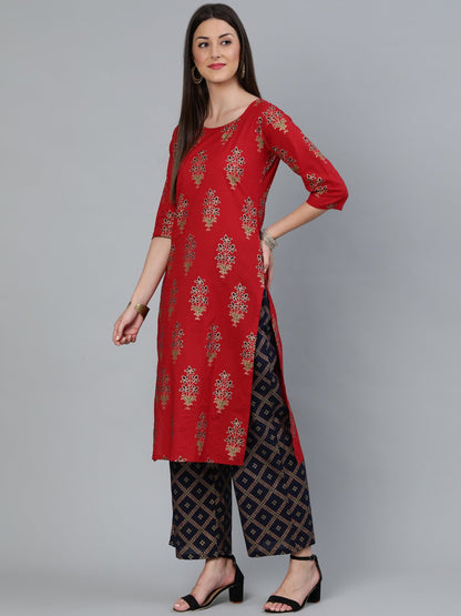 Women Red And Navy Blue Gold Printed Straight Kurta With Palazzo & Dupatta | LASVINI - Redefining Indian Fashion with Elegance