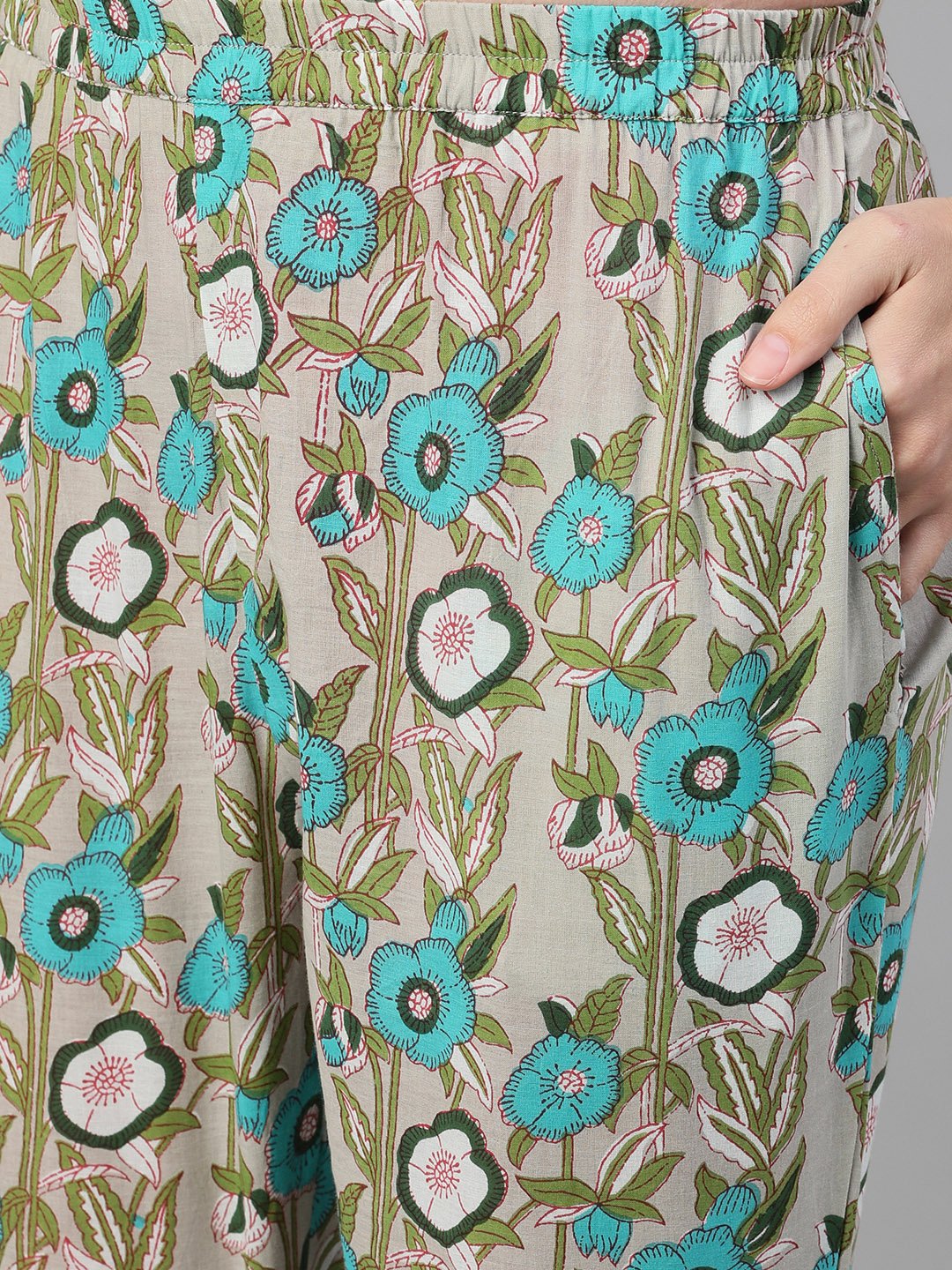 Women Beige Three-Quarter Sleeves Straight Kurta With Palazzo And Dupatta With Pockets And Face Mask | LASVINI - Redefining Indian Fashion with Elegance