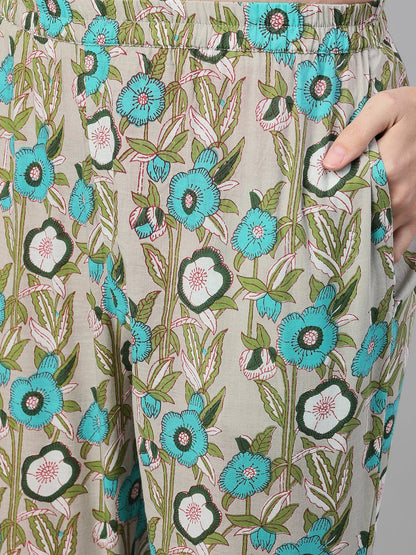 Women Beige Three-Quarter Sleeves Straight Kurta With Palazzo And Dupatta With Pockets And Face Mask | LASVINI - Redefining Indian Fashion with Elegance