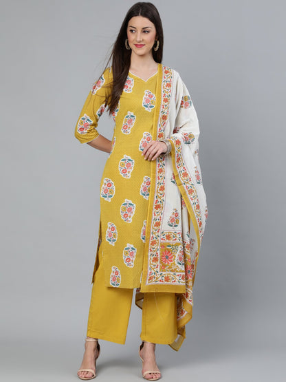 Women Mustard Three-Quarter Sleeves Straight Kurta With Palazzo And Dupatta With Pockets | LASVINI - Redefining Indian Fashion with Elegance