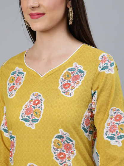 Women Mustard Three-Quarter Sleeves Straight Kurta With Palazzo And Dupatta With Pockets | LASVINI - Redefining Indian Fashion with Elegance