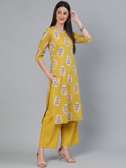 Women Mustard Three-Quarter Sleeves Straight Kurta With Palazzo And Dupatta With Pockets | LASVINI - Redefining Indian Fashion with Elegance