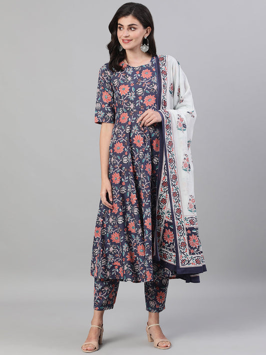 Women Blue Three-Quarter Sleeves Flared Kurta With Palazzo And Dupatta With Pockets And Face Mask | LASVINI - Redefining Indian Fashion with Elegance