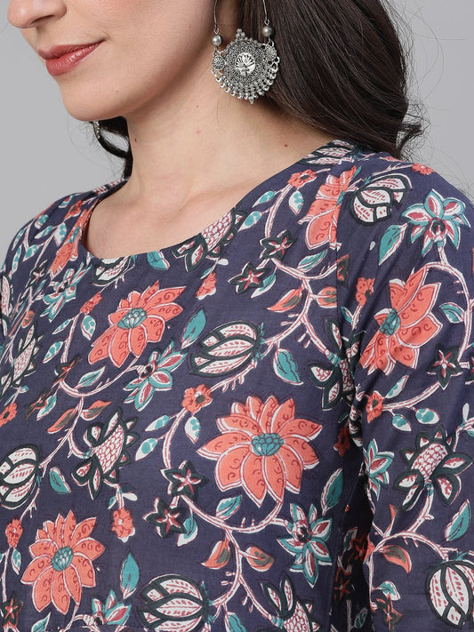 Women Blue Three-Quarter Sleeves Flared Kurta With Palazzo And Dupatta With Pockets And Face Mask | LASVINI - Redefining Indian Fashion with Elegance