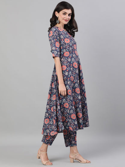 Women Blue Three-Quarter Sleeves Flared Kurta With Palazzo And Dupatta With Pockets And Face Mask | LASVINI - Redefining Indian Fashion with Elegance