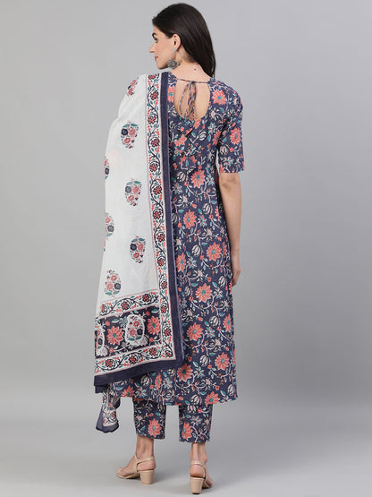 Women Blue Three-Quarter Sleeves Flared Kurta With Palazzo And Dupatta With Pockets And Face Mask | LASVINI - Redefining Indian Fashion with Elegance