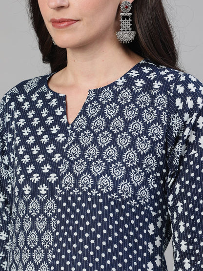 Women Indigo Calf Length Three-Quarter Sleeves Straight Ethnic Motif Printed Cotton Kurta With Pockets | LASVINI - Redefining Indian Fashion with Elegance