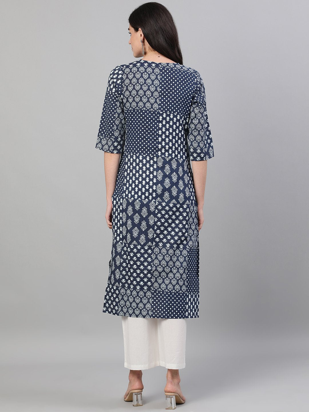 Women Indigo Calf Length Three-Quarter Sleeves Straight Ethnic Motif Printed Cotton Kurta With Pockets | LASVINI - Redefining Indian Fashion with Elegance