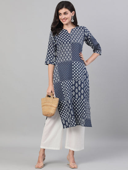 Women Indigo Calf Length Three-Quarter Sleeves Straight Ethnic Motif Printed Cotton Kurta With Pockets | LASVINI - Redefining Indian Fashion with Elegance