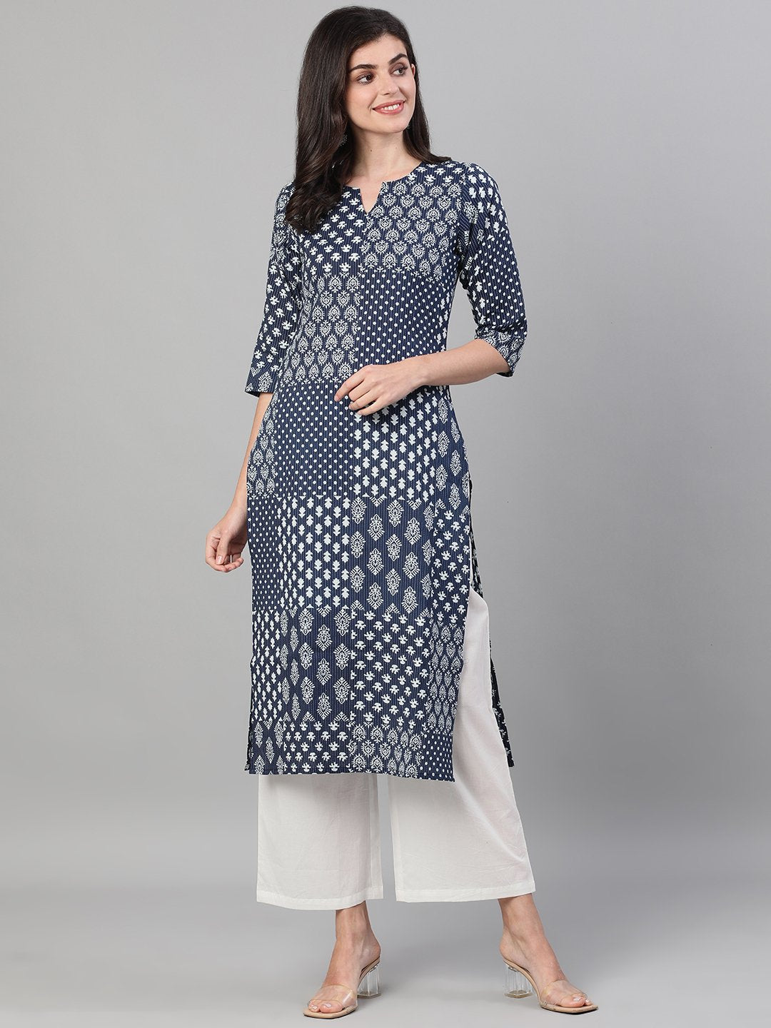 Women Indigo Three-Quarter Sleeves Straight Kurta With Palazzo With Pockets | LASVINI - Redefining Indian Fashion with Elegance