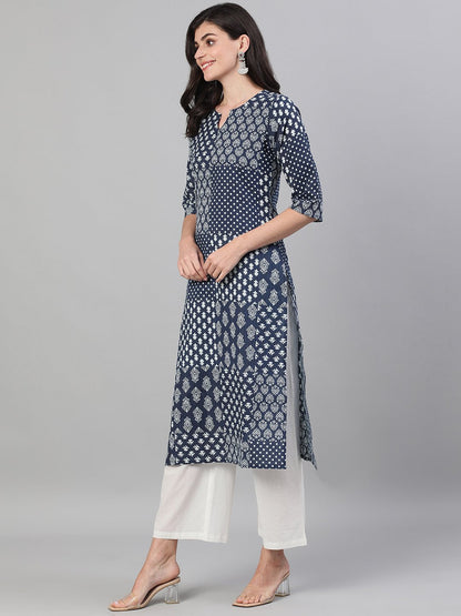 Women Indigo Three-Quarter Sleeves Straight Kurta With Palazzo With Pockets | LASVINI - Redefining Indian Fashion with Elegance