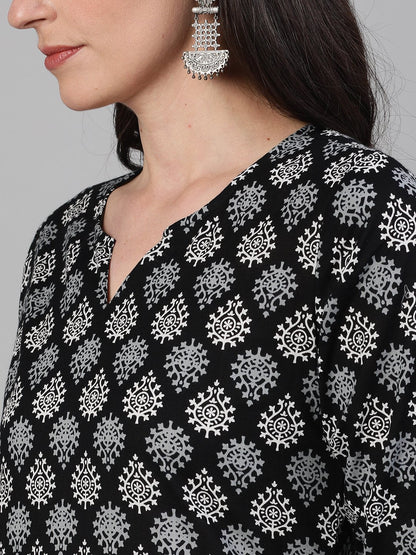 Women Black Calf Length Three-Quarter Sleeves Straight Ethnic Motif Printed Cotton Kurta With Pockets And Face Mask | LASVINI - Redefining Indian Fashion with Elegance