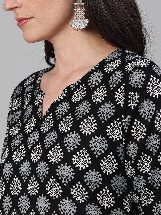 Women Black Calf Length Three-Quarter Sleeves Straight Ethnic Motif Printed Cotton Kurta With Pockets And Face Mask | LASVINI - Redefining Indian Fashion with Elegance