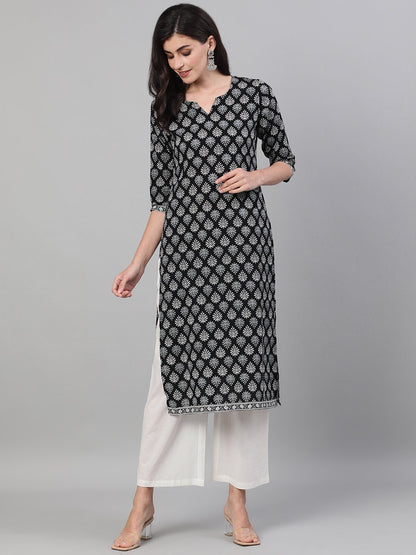 Women Black Calf Length Three-Quarter Sleeves Straight Ethnic Motif Printed Cotton Kurta With Pockets And Face Mask | LASVINI - Redefining Indian Fashion with Elegance