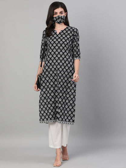 Women Black Three-Quarter Sleeves Straight Kurta With Palazzo And Pockets And Face Mask | LASVINI - Redefining Indian Fashion with Elegance