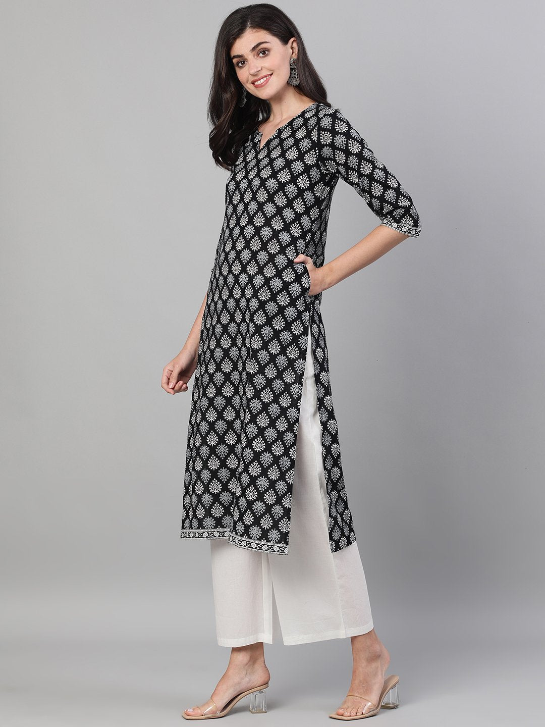 Women Black Three-Quarter Sleeves Straight Kurta With Palazzo And Pockets And Face Mask | LASVINI - Redefining Indian Fashion with Elegance